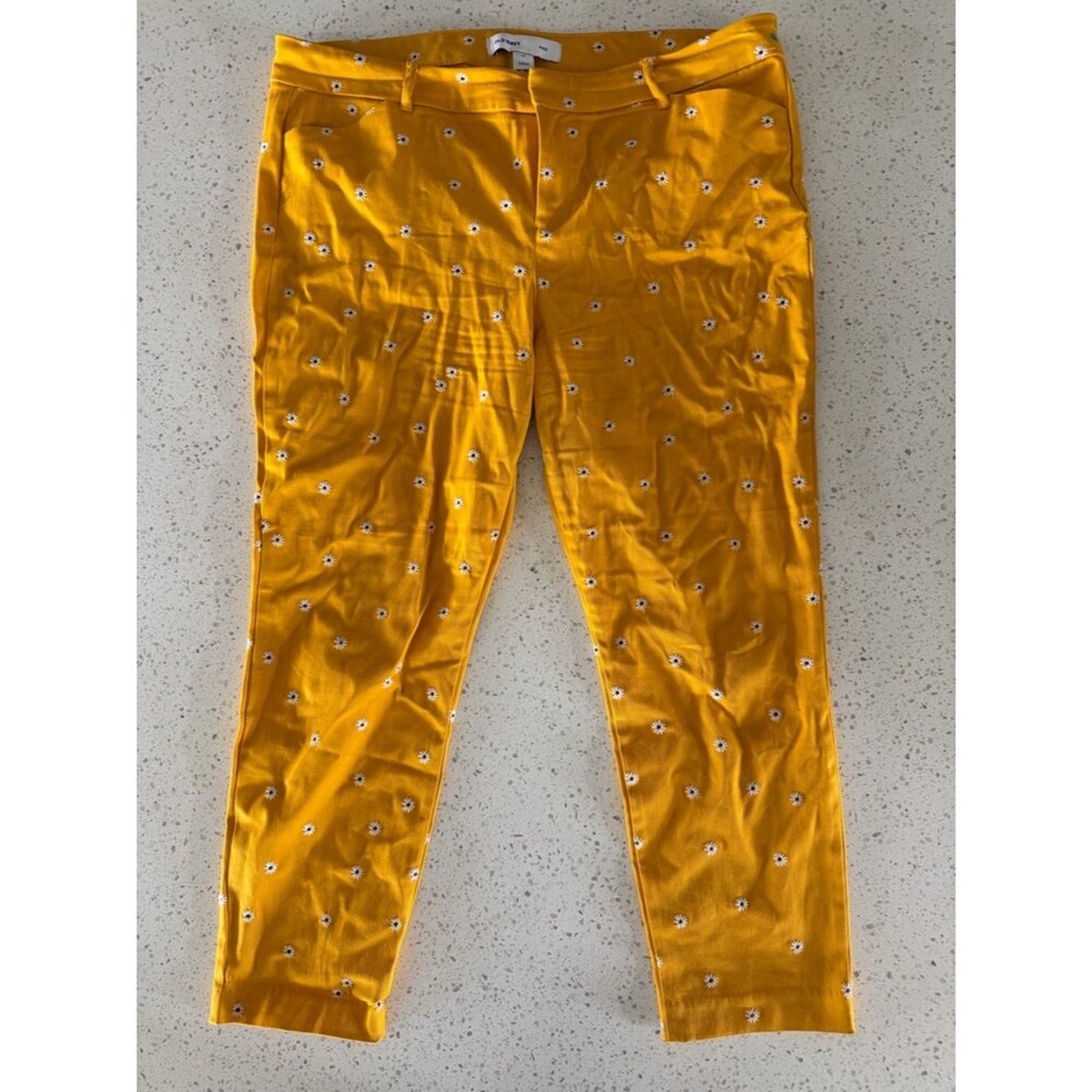Old Navy Mustard Embroidered Yellow Floral Ankle Cropped Straight Pixie Pants 16